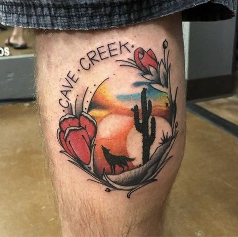 Best Arizona-Themed Tattoos To Celebrate The State's Birthday | Sentient Tattoo Sedona Arizona Tattoo, Cowboy Hat Tattoo, Desert Tattoo, Bloom Tattoo, Arizona Tattoo, Arizona State Flag, Themed Tattoos, Scene Tattoo, Cactus Wren