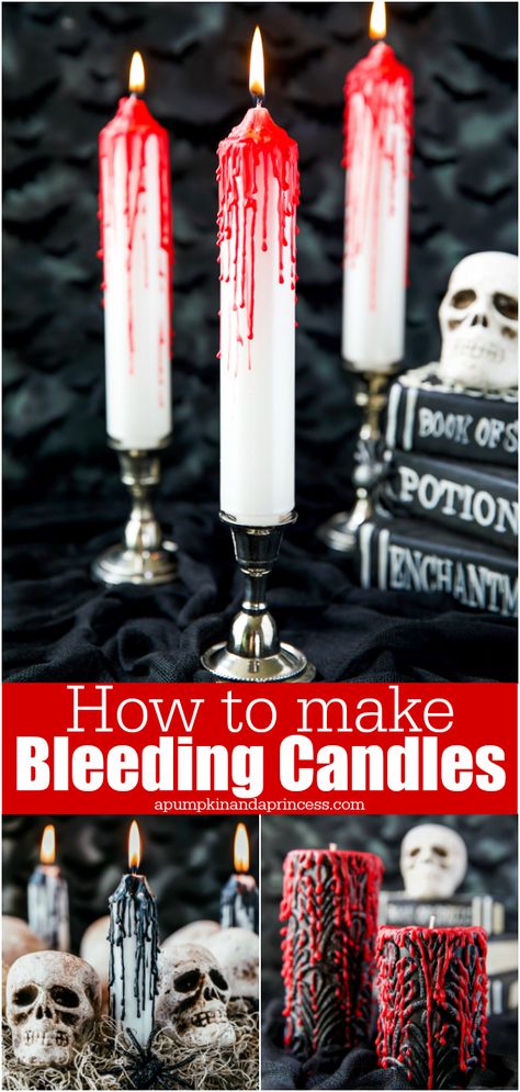 Candle Halloween Decorations, Diy Melted Candles Halloween, Diy Fake Halloween Candles, Diy Halloween Taper Candles, Diy Witch Candles How To Make, Vampire Halloween Decorations Diy, How To Make Black Candles, Candle Making Halloween, Halloween Candle Molds