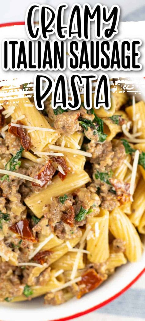 Creamy Spicy Italian Sausage Pasta, Tomato Spinach Sausage Pasta Recipe, Italian Sasauge Pasta Recipe, Pasta Dishes With Ground Sausage, Hot Italian Sausage Pasta Recipes, Giant Sausage Pasta, Easy Ground Italian Sausage Recipes, Easy Pasta Dishes With Sausage, Pasta With Hot Italian Sausage