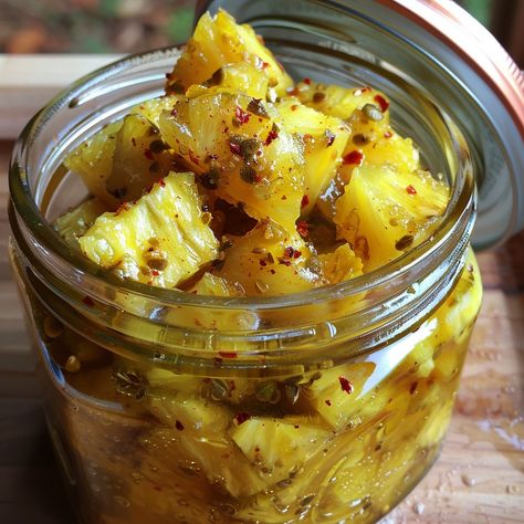 🍍🌶️ Try our sweet and spicy Pineapple Cowboy Candy – an irresistible treat! #PineappleCandy #SweetAndSpicy Pineapple Cowboy Candy Ingredients: Pineapple chunks (4 cups) Sugar (4 cups) Apple cider vinegar (2 cups) Red pepper flakes (1 tbsp) Turmeric (1/2 tsp) Celery seed (1/2 tsp) Mustard seed (1 tsp) Ground ginger (1/2 tsp) Pickling salt (1 tbsp) Instructions: Combine sugar, vinegar, and spices in a pot; bring to boil. Add pineapple chunks; simmer for 10 minutes. Pack pineapple into jars,... Cowboy Candy, Spicy Pineapple, Pickling Salt, Pineapple Chunks, Instagram Recipes, Celery Seed, Trending Recipes, Ground Ginger, Mustard Seed