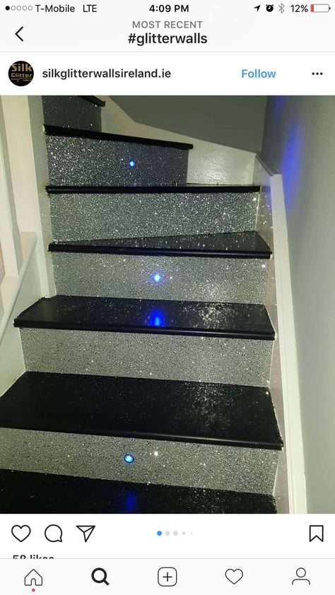 2010s Room, Sparkly Bedroom, Glitter Stairs, Stairs Remodeling, Glamorous Goth, Glitter Door, Glitter Bathroom, Glitter Interior, Glitter Floor