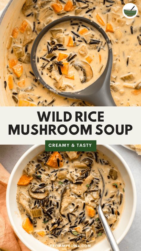 Creamy and cozy, this Wild Rice Mushroom Soup is just as thick, creamy, and flavorful as the traditional wild rice soup, but made entirely from healthy plant-based ingredients. Vegan, Gluten-free. Mushroom Soup Vegan, Wild Rice Mushroom Soup, Rice Mushroom Soup, Wild Rice Mushroom, Creamy Wild Rice, Vegan Mushroom Soup, Creamy Wild Rice Soup, Vegan Stuffed Mushrooms, Wild Mushroom Recipes