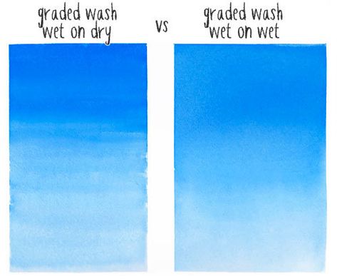 graded-wash-dry-vs-wet Dry On Dry Watercolor, Watercolor Sponge Technique, Wet On Dry Watercolor Technique, Wet Into Wet Watercolor, Wet On Wet Landscape Watercolor, How To Mix Turquoise Watercolor, Watercolor Quotes, Watercolour Wash, Painting Clouds