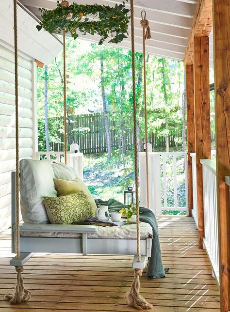 A Traditional Log Cabin Gets a Modern Upgrade Infused With the Homeowner’s Swedish Heritage Porch Bed, Front Porch Swing, Balkon Decor, Porch Swing Bed, Building A Porch, Rustic Porch, Farmhouse Porch, Bed Swing, Have Inspiration