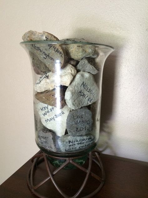 Rock Souvenirs Ideas, Displaying Rocks From Vacation, Souvenir Ideas Travel, Souvenir Collection Ideas, Travel Keepsake Ideas, Vacation Memory Ideas, Travel Souvenirs Ideas, Travel Souvenirs Display, Travel Memories Display