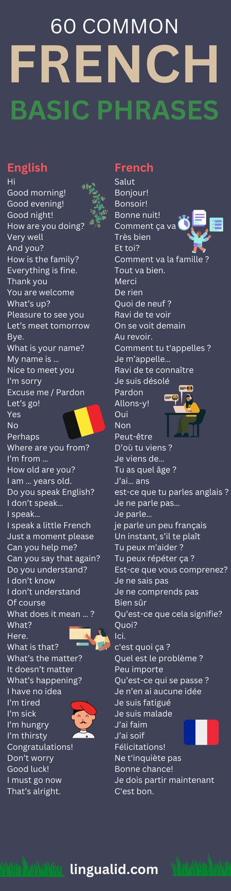 70 Basic French Phrases To Kickstart Your French Now French Basic Sentences, Daily French Phrases, Greetings In French, French Travel Phrases, French Study, French Language Basics, French Greetings, French Sentences, Useful French Phrases