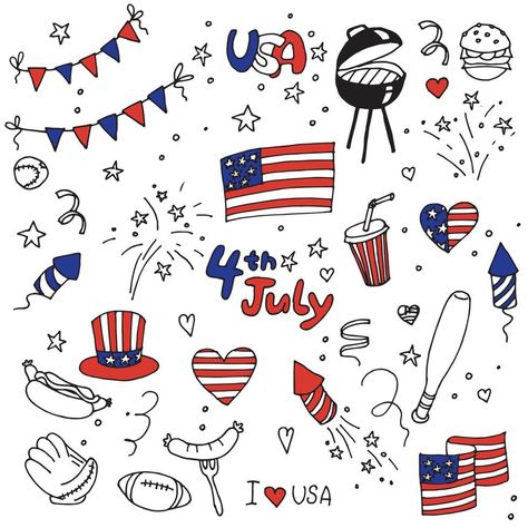 Fourth Of July Drawings, 4th Of July Drawings, July Drawings, Calendar Doodles, 4th Of July Clipart, Music Doodle, Whiteboard Art, Patriotic Symbols, Calligraphy Doodles