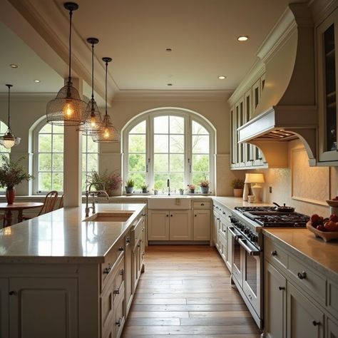 dream house kitchen #AI with large windows, arches, high ceilings, lots of natural light Arch Window Over Sink, Arched Window Kitchen, Kitchen With Big Window Over Sink, Big Windows In Kitchen, Kitchen With A Lot Of Windows, Arched Kitchen Window, Arched Windows Exterior, Kitchen With Big Windows, Kitchen Large Windows