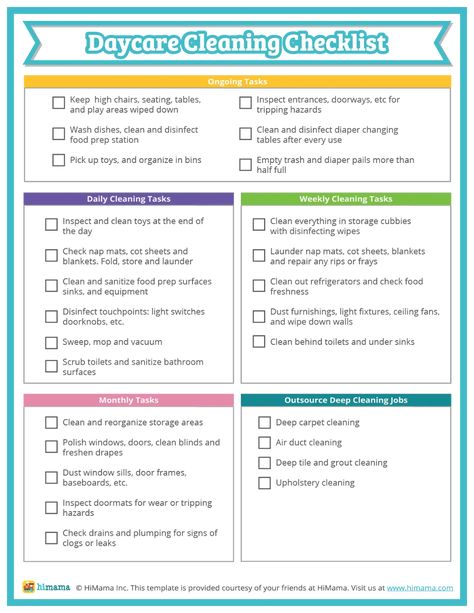 Daycare Cleaning Checklist - Free Templates | HiMama Classroom Cleaning Checklist, Daycare Checklist, Daycare Printables, Childcare Director, Daycare Curriculum, Childcare Rooms, Daycare Organization, Monthly Tasks, Cleaning Checklist Template