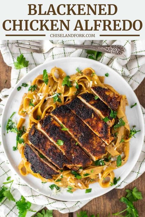 This blackened chicken alfredo recipe consists of pan-seared spice-rubbed chicken served over a creamy Cajun alfredo sauce with pasta. #blackenedchickenalfredo #blackenedchicken #alfredo #cajunpasta | chiselandfork.com Chicken Alfredo Instant Pot, Cajun Chicken Fettuccine Alfredo, Blackened Chicken Alfredo Pasta, Blackened Chicken Fettuccine, Cajun Alfredo Sauce, Blackened Chicken Alfredo, Cajun Alfredo, Blackened Chicken Recipe, Chicken Alfredo Recipe