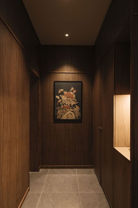 #art #interior #wood #hallway Narrow Corridor, Wood Hallway, Harvey House, Interior Brick, Hallway Walls, Singapore Interior, Artwork Lighting, B Design, Door Art