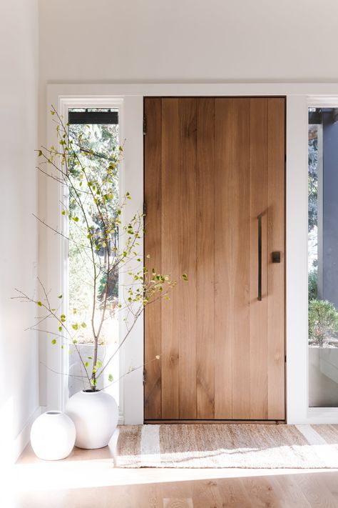 Modern Haven Remodel — CANVAS HOUSE Oak Wood Front Door Modern, Scandi Front Door, Modern Home Interior Doors, Large Wood Front Door, Modern Front Door Wood, Front Door Privacy Glass Ideas, Wood Door With White Trim, Front Door Entryway Ideas Exterior, House Doors Front Entrance