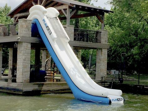 Inflatable Boat Dock Slide | Lake Water Toys | FunAir Lake Dock Ideas, Water Front Homes, Lake House Dock, Lake Deck, Bayou House, Dock Ideas, Lake Toys, Deck Slide, Dance Things