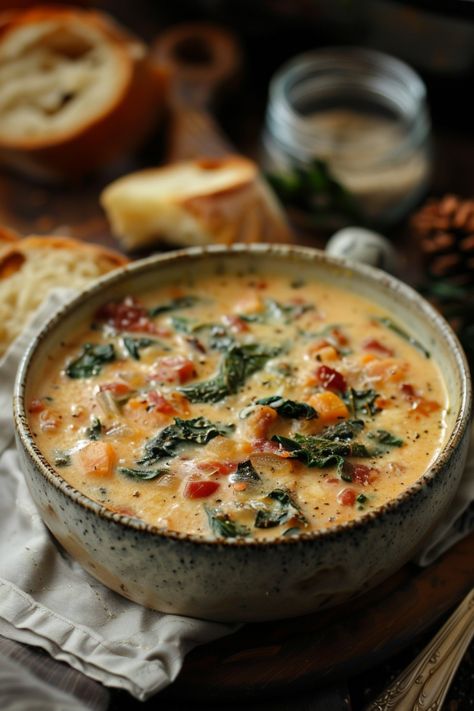 Indulge in the warm and comforting flavors of a creamy Tuscan soup with this delicious recipe. This creamy Tuscan soup is a perfect blend of hearty vegetables, aromatic herbs, and creamy goodness - sure to become a family favorite! With simple ingredients and easy preparation, you can enjoy a bowl of this soul-warming soup in no time. Treat yourself to the richness of Tuscan cuisine right in the comfort of your own home. Creamed Soup Recipes, Creamy Parmesan Tuscan Soup, Creamy Vegetarian Soup, Tuscan Recipes Authentic, Tuscan Soup Recipes, Creamy Tuscan Chicken Soup, Creamy Tuscan Soup, Soup Pictures, Tuscano Soup