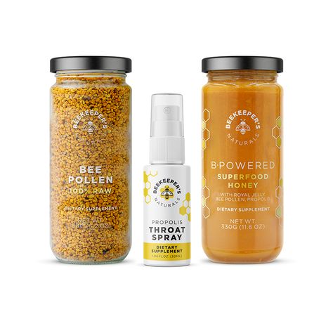 Each of the products in the Active Essentials Set from Beekeeper's Naturals are made to promote a healthy lifestyle. The set includes one Propolis Spray, one jar of raw bee pollen, and one jar of B. Powered Superfood Honey, each with their own particular benefits. The set makes a great gift or care package! Bee Hive Plans, Throat Spray, Honey Brand, Winter Cooking, Bee Pollen, The Hive, Vegetable Glycerin, Starbucks Iced Coffee Bottle, Stay Strong