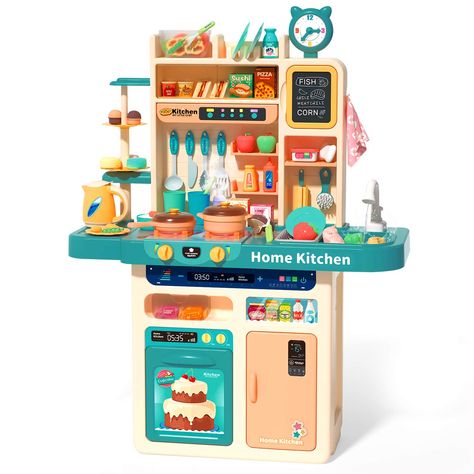 PRICES MAY VARY. Kids Pretend Kitchen Toy:93-Piece Play Kitchen Accessory Set included electronic stovetop,play sink with running water,color changing play foods,rotatable dessert shelf,Mini blackboard and kinds of kitchen accessories.Various cooking utensils for your little one to have countless hours of fun and play. Color-Changing Play Foods & Accessories:Kitchen Accessories will turn white when water is above 33℃,color returns when it's cool.Play foods(Only fish, steak, shrimp ) will gets da Kitchen Playsets, Kitchen Playset, Kitchen Toy, Pretend Kitchen, Cooking Toys, Play Kitchen Accessories, Play Kitchens, Pretend Play Food, Pretend Play Kitchen