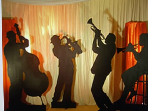 Jazz Silhouette Musicians, Musician Party Theme, Jazz Theme Party Ideas, Jazz Decorations, Jazz Party Theme, Harlem Nights Theme Party, Jazz Decor, Harlem Nights Party, Harlem Nights Theme