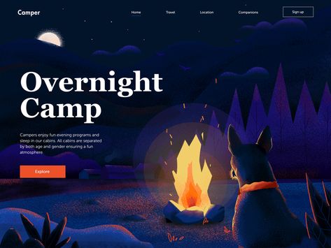 Motion Web Design, Illustrated Website, Camping Website, Campfire Illustration, Camp Website, Landscape Animation, Animated Website, Animation Website, Fire Illustration