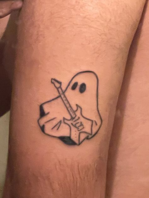 Ghost Guitar Tattoo, Cute Guitar Tattoos, Ghost With Guitar Tattoo, Music Based Tattoos, Skeleton With Headphones Tattoo, I Love Music Tattoo, Ghost Music Tattoo, Ghost Playing Guitar Tattoo, Skeleton Listening To Music Tattoo