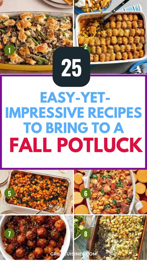 Looking for the perfect Thanksgiving Potluck Dishes or Fall Potluck Dishes? We've got you covered with a variety of crowd-pleasing recipes! From main dishes to sides and desserts, these Dishes for a Crowd are perfect for any fall gathering. Whether you need a Main Dish for Potluck or just want to bring something unique to your Thanksgiving Potluck, these Potluck Dishes will impress. Save these Recipes for Potluck and make your fall celebration extra special! Fall Festival Potluck Ideas, Recipe For Potluck Parties, Friendsgiving Potluck Food Ideas, Thanksgiving Potluck Crockpot, Best Crowd Pleasing Recipes, Fall Potluck Main Dish, Dish To Bring To A Cookout, Casseroles For A Crowd Potluck Recipes, Thanksgiving Potluck Recipes For Work