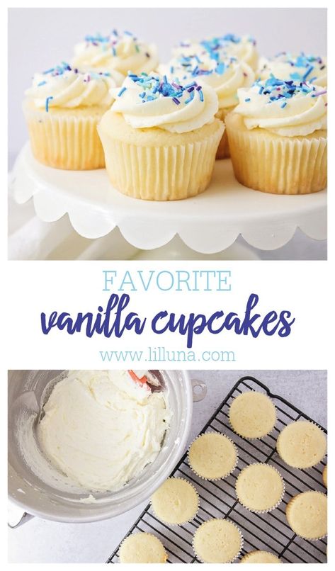 Moist and fluffy vanilla cupcakes are perfect for parties, celebrations or just because. This is my new favorite vanilla cupcake recipe! #vanillacupcakes #cupcakes #vanilla #dessert #cake Vanilla Cupcakes Aesthetic, Cupcake Recipie, Cupcake Recipes Vanilla, Small Batch Vanilla Cupcakes, Simple Cupcake Recipe, Fluffy Vanilla Cupcake Recipe, Best Vanilla Cupcake Recipe, Fluffy Vanilla Cupcakes, Sugar Free Cupcakes