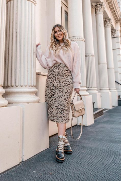 Leopard midi, cropped sweater and sherpa combat boots via Danielle Gervino | marc fisher boots, fall boots, combat boots outfit Skirt With Combat Boots, How To Style Combat Boots, Style Combat Boots, Combat Boot Outfits, Combat Boot Outfit, Marc Fisher Boots, Professional Work Outfit, Boots Combat, Stylish Photo