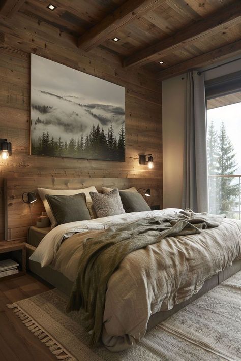 Dark Bedding Bedroom Cozy, Mountain Aesthetic Bedroom, Cozy Forest Bedroom, Modern Rustic Decor Bedroom, Cozy Cabin Bedroom Ideas, Master Bedrooms Cozy, Green Bedroom Dark, Lake Bedroom Ideas, Dark Green And Black Bedroom