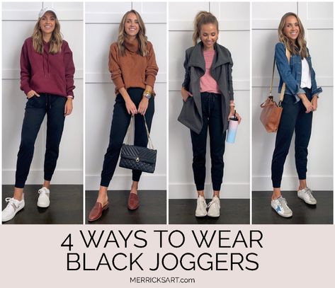 4 Fall Outfits with Black Joggers - Merrick's Art Black Jogger Travel Outfit, Black Jogger Jeans Outfit, Dress Joggers Outfits, Black Jean Joggers Outfit, Styling Black Joggers Women, Dressy Black Joggers Outfit, Style Black Joggers Women, Winter Outfits With Joggers, How To Dress Up Black Joggers