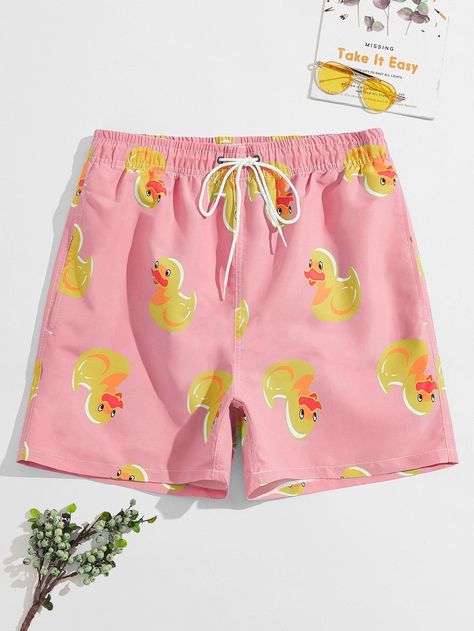 Kids Swim Trunks, Duck Print, Mens Beach Shorts, Boys And Girls Clothes, Rubber Ducks, Drawstring Waist Shorts, Men's Swimwear, Summer Swim, Men Beach