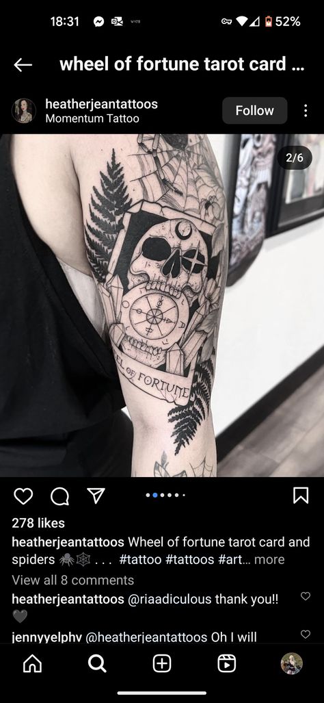 Fortune tarot card with ferns tattoo on arm by IG: heatherjeantattoos #tarot #darktattoo #skulltattoo #armtattoo #tarotcards #witchcraft #gothic Tarot Card Tattoo Wheel Of Fortune, Good Fortune Tattoos, Wheel Of Fortune Tarot Tattoo, Wheel Of Fortune Tattoo, Ferns Tattoo, Fortune Tattoo, Fortune Tarot Card, Wheel Of Fortune Tarot, Strength Tarot