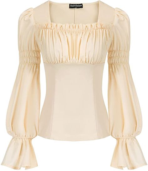 Women Victorian Lantern Sleeve Tops Pirate Renaissance Peasant Shirts Beige S at Amazon Women’s Clothing store Victorian Shirt, Victorian Blouse, Peasant Shirt, Pleated Bodice, Orange Fashion, Peasant Blouse, Cthulhu, Peasant Tops, Boho Blouses