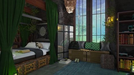 Slytherin Common Room Bedroom, Slytherin Room Ideas, Slytherin Dorm Room, Slytherin Dormitory, Hogwarts Dorm Room, Slytherin Bedroom, Hogwarts Dorm, Hogwarts Common Rooms, Hogwarts Bedroom