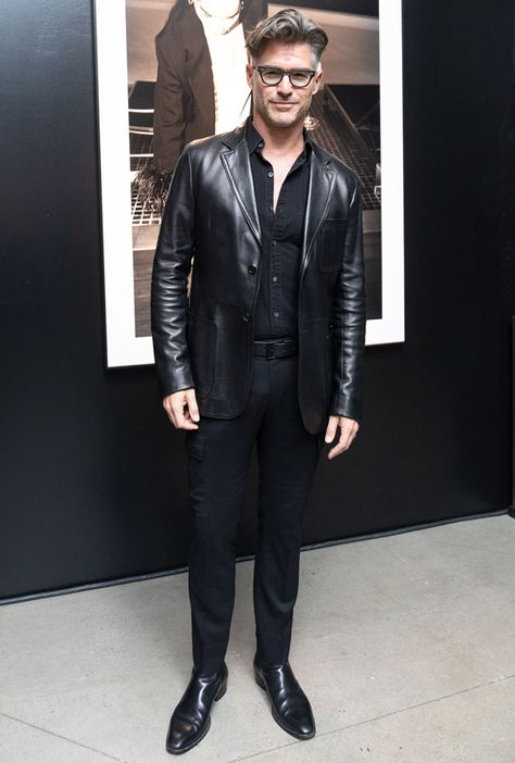 Eric Rutherford, Mens Leather Blazer, Leather Jacket Outfit Men, Red Leather Boots, Celebrity Boots, Black Leather Blazer, Best Dressed Man, Fashion Book, Mens Fashion Smart