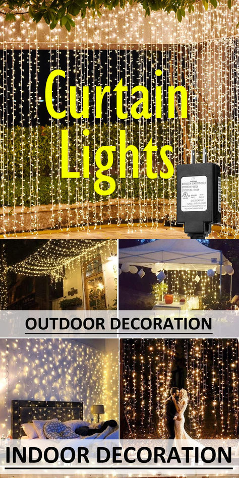 These are perfect for outdoor or indoor use. 40 ft x 10 ft Curtain Lights Boasting 800 LED lights, 4-5 times wider than others, making it ideal for outdoor decor. * modes to choose from...  Combination, Waves, Sequential, Slogs, Flash, Slow Fading, Twinkle and Steady. Switch between modes easily with the touch of the button on the controller. Curtain Outdoor Lights, Led Curtain Lights Outdoor, Hanging String Lights Outdoor, Twinkle Light Decor, Indoor Twinkle Lights, Curtain Lights Ideas, Twinkle Lights Decor, Curtain Lights Outdoor, Lights Backdrop