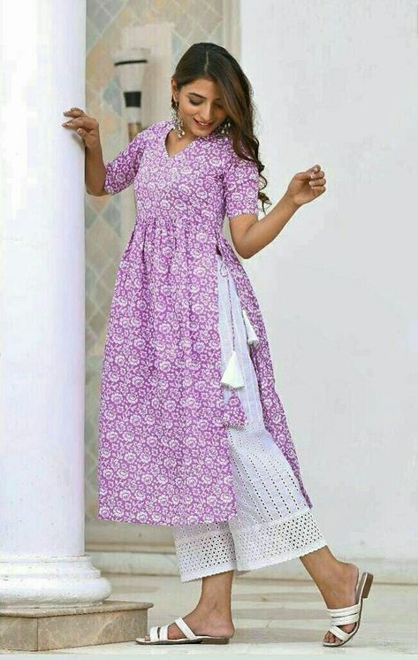 Women Kurta pant set Kurti Designs With Sleeves, Different Styles Of Kurtis, Cotton Kurti Pattern Design, Cotton Stylish Kurtis, Side Lace Kurti, Nyra Dress Design, Cut Tops Kurti Design, Ladies Kurties Design, Nyra Cut Kurti Designs Latest