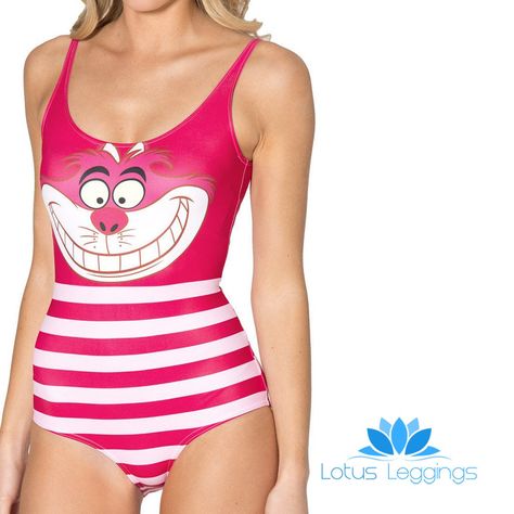 Beach or pool? It doesn't matter where you go in this funky striped swimsuit. Featuring literature's most beloved cat with its signature grin, this suit is sure Disney Bathing Suit, Cat Swimsuit, Disney Swimsuit, We're All Mad Here, Bathing Suits One Piece, Black Milk Clothing, Swimsuit Women, Monokini Swimsuits, Costume Intero