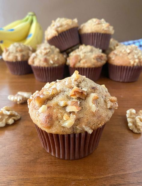 Large Bakery Style Banana Muffins - the dutch baker Bakery Style Banana Muffins, Best Banana Muffin Recipe, The Best Muffins, Apple Banana Muffins, Best Muffins, Freeze Muffins, Banana Walnut Muffins, Banana Bread Loaf, Walnut Muffins