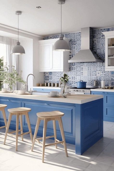 Navy Blue Cabinets, White And Blue Kitchen, Dark Blue Kitchen Cabinets, Country Kitchen Backsplash, Painted Kitchens, Timeless Kitchen Design, Light Blue Kitchens, Coastal Kitchen Design, Kitchens Cabinets