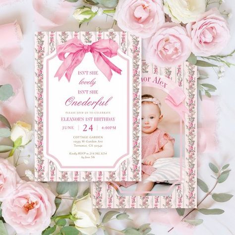 $2.80 | Pink Bow Isn't She Onederful Girl 1st Birthday | Birthday Invitations | girl birthday invitation, fancy one, fancy one invitation, shabby chic, baby girl 1st birthday, pink bow invitation, pink chinoiserie, fancy one birthday, isn't she onederful, onederful invitations Onederful Invitations, Isn't She Onederful, Bow Invitation, Pink Chinoiserie, Shabby Chic Baby, Sweet Rain, Girl 1st Birthday, Birthday Activities