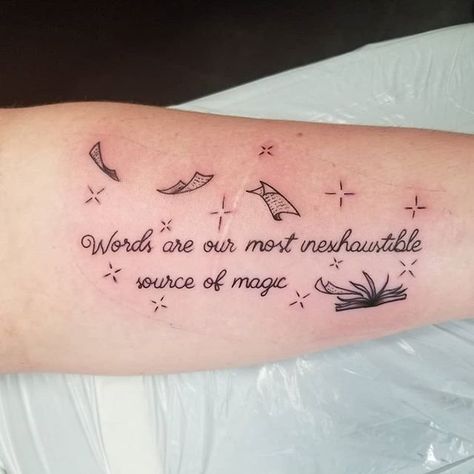 Harry Potter Quote Tattoo Ideas | POPSUGAR Tech Harry Potter Spell Tattoo, Tattoos About Reading, I Have Lived A Thousand Lives Tattoo, Book Quote Tattoos, Tattoo Sentences, Book Quotes Tattoo, Harry Potter Quotes Tattoo, Reading Tattoo, Teacher Tattoos