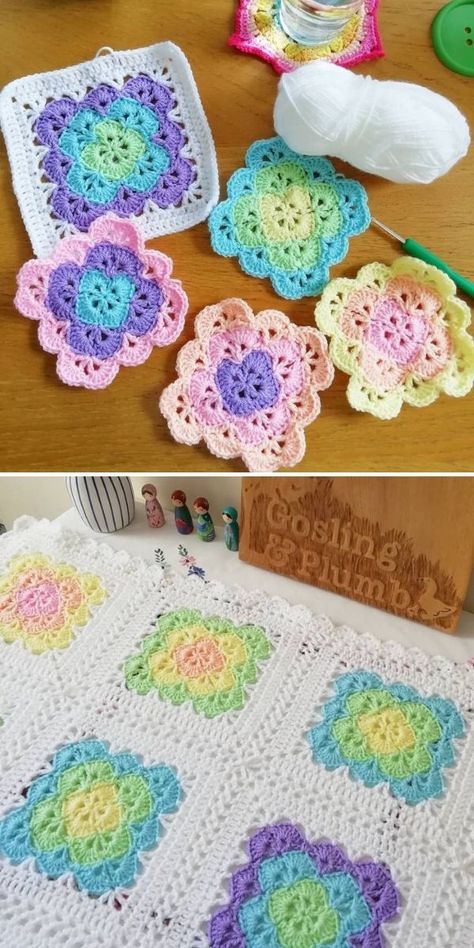 Have you ever tried making crochet shell stitch blanket? This fantastic pattern gives you a choice - you can make little squares out of it, or continue working in the round as long as you like! Laura chose pastel rainbow colors and enclosed them in white squares, which together create light and delicate blanket. In the bottom photo you can admire the final result of her efforts! #shellstitch #shellstitchblanket #crochetpattern #freecrochetpattern Beautiful Shells Granny Square, Crochet Shell Square, Crochet Shell Square Free Pattern, Crochet Shell Granny Square Blanket, Shell Granny Square, Shell Stitch Granny Square, Shell Granny Square Crochet, Pastel Granny Square, Flower Square Crochet