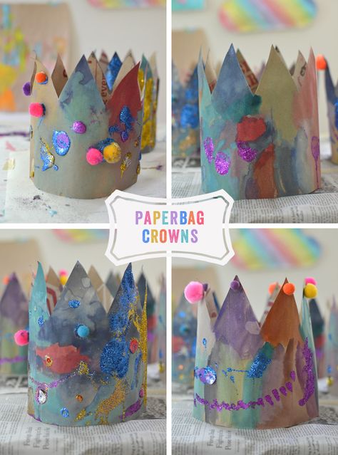 make beautiful crowns from recycled paper grocery bags - a fun craft for kids Fairy Tales Preschool, Paper Bag Princess, Fairy Tale Activities, Fairy Tale Crafts, Crown Art, Paper Bag Crafts, Fairy Tale Theme, Crown For Kids, Fairytale Nursery