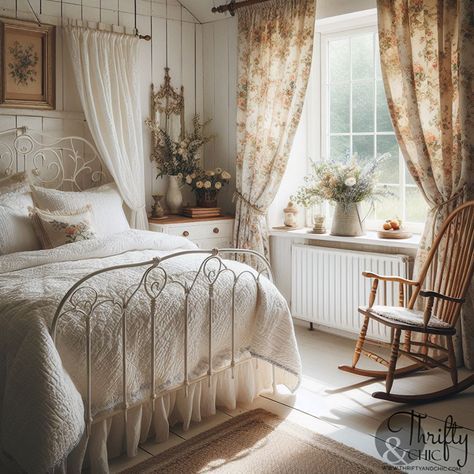 cottage bedroom decor, spring bedroom decorating ideas, cozy bedroom inspiration, cottagecore aesthetic, rustic bedroom decor, white wood paneling, lace and ruffles in bedroom decor, canopy bed styling, layered bedding and pillows, vintage bedroom decor, natural wood accents, floral wallpaper, potted plants in bedroom, cozy reading nook ideas, cottage style home decor, spring home decor trends, romantic bedroom ideas, soft lighting for bedrooms, and rustic chic bedroom decor. Cottage Style Bedroom Master Suite, English Country Bedroom Cottage Style, English Cottage Interiors Bedroom, Cottage Girls Room, French Countryside Bedroom, Bedroom Inspirations Romantic, Vintage Cottagecore Bedroom, Cottage Bedroom Aesthetic, Cottagecore Decor Ideas