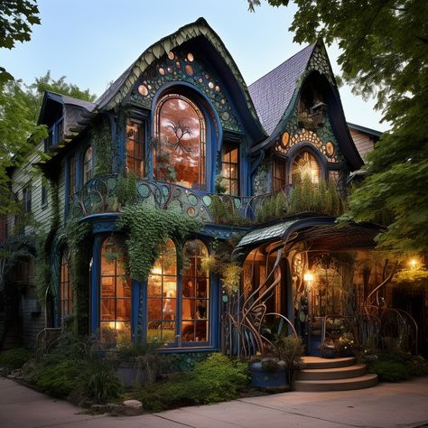 Maximalism House Exterior, Maximalist Exterior House, Maximalist House Exterior, Fantasy House Exterior, Hippie House Exterior, Witchy House Exterior, Fey Forest, Boho Exterior House, Boho House Exterior