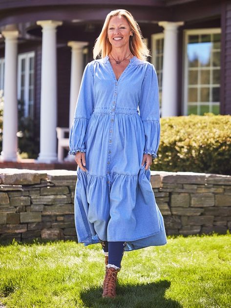 Denim Prairie Dress Plus Size Nighties, Canada Clothing, April Cornell, Check Dress, Prairie Dress, Denim Design, Nightgowns, Cottage Core, Slow Fashion