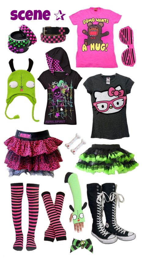 scene outfit ,, Scene Inspired Outfits, Sence Kid Outfits, Scene Outfit Inspo 2000s, Scene Clothing Ideas, Neon Scene Outfits, Scene Fashion Aesthetic, Cute Scene Outfits, Scenmo Outfits, Animecore Outfit