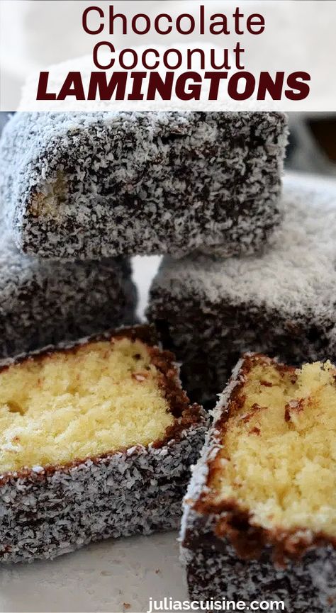 Chocolate Coconut Lamingtons Koeksister Recipe South Africa, Lamingtons Recipe, Coconut Squares, Australia Food, Appetizers Easy Finger Food, Unique Desserts, Sweet Recipes Desserts, Healthy Homemade Recipes, Specialty Cakes