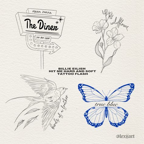 HIT ME HARD AND SOFT a closer look at the flash sheet - offering all for 180$ 🕊️ - #billieilish #billieeilishtattoo #tattoostyle #hitmehardandsoft #blue #instant #tiktok #foryou #insta #instapic #ootf Billie Eilish Hit Me Hard And Soft Tattoo Ideas, Billie Eilish The Greatest Tattoo, Billie Eilish Related Tattoos, Billie Eilish Themed Tattoos, Listen Before I Go Tattoo, Hit Me Hard And Soft Billie Eilish Tattoo, Billie Eilish Tatoos Idea, Wildflower Tattoo Billie Eilish, Hit Me Hard And Soft Tattoo