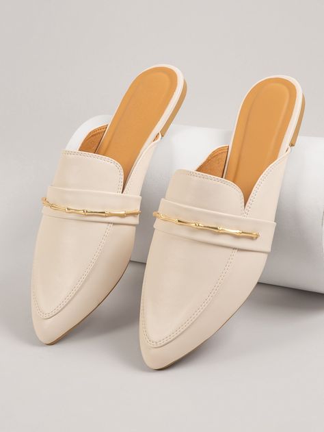 Beige Elegant Collar   Plain Mules Embellished   Women Shoes Mule Shoes Outfit, Elegant Shoes Flat, Mule Flats, Half Shoes, Shoe Palace, Trendy Shoes Sneakers, Shoes Heels Classy, Simple Shoes, Slip On Flats