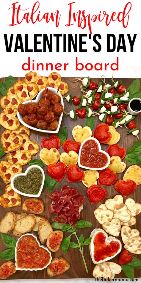 Serve up an incredible Valentine's Day spread. Italian favorites like heart-shaped pizzas, raviolis and cheese along with meatballs, a prosciutto bouquet, arrow caprese skewers and bruschetta. #valentines #day #Italian #board #tray #recipe #cheese #pasta #valentinesday Valentines Food Tray Ideas, Heart Shaped Meatballs, Valentine’s Day Pasta Dinner, Italian Valentines Day, Valentine’s Day Food Dinner, Valentine Pasta Dinner Ideas, Valentines Day Finger Foods, Valentines Hors D'oeuvres, Valentines Pasta Dinner